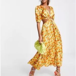 Topshop ring detail cut-out satin balloon sleeve floral dress